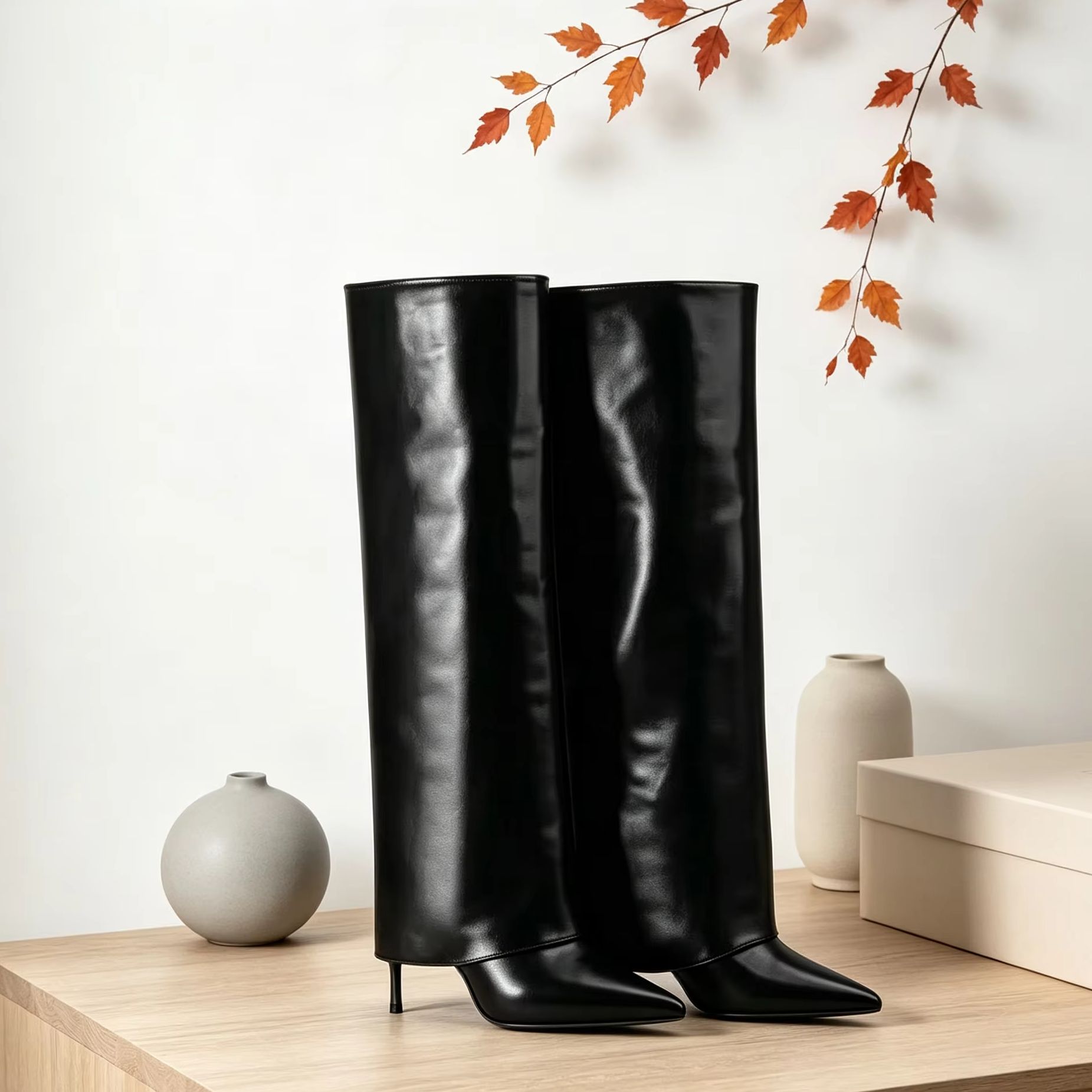 Formal Belt Leather Thin - Dames 2026 Zwarte Glanzende Lederen Kniehoge
